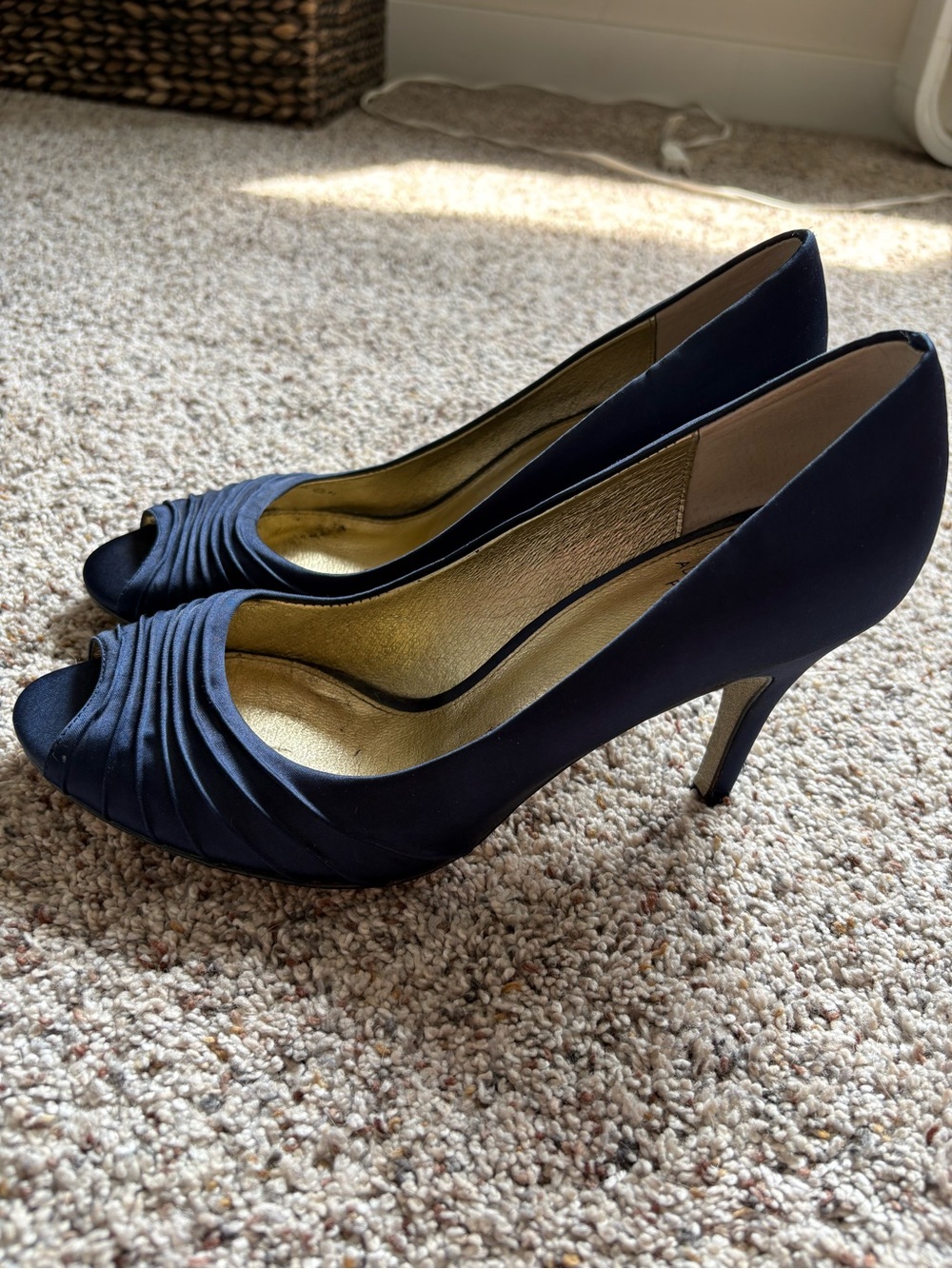 Adrianna Papell Navy Peep-Toe Satin Heels